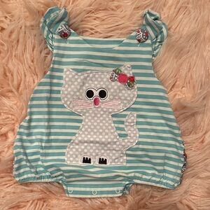 Natalie Grant Striped Teal Blue and White Cat Print Kids One Piece Bubble